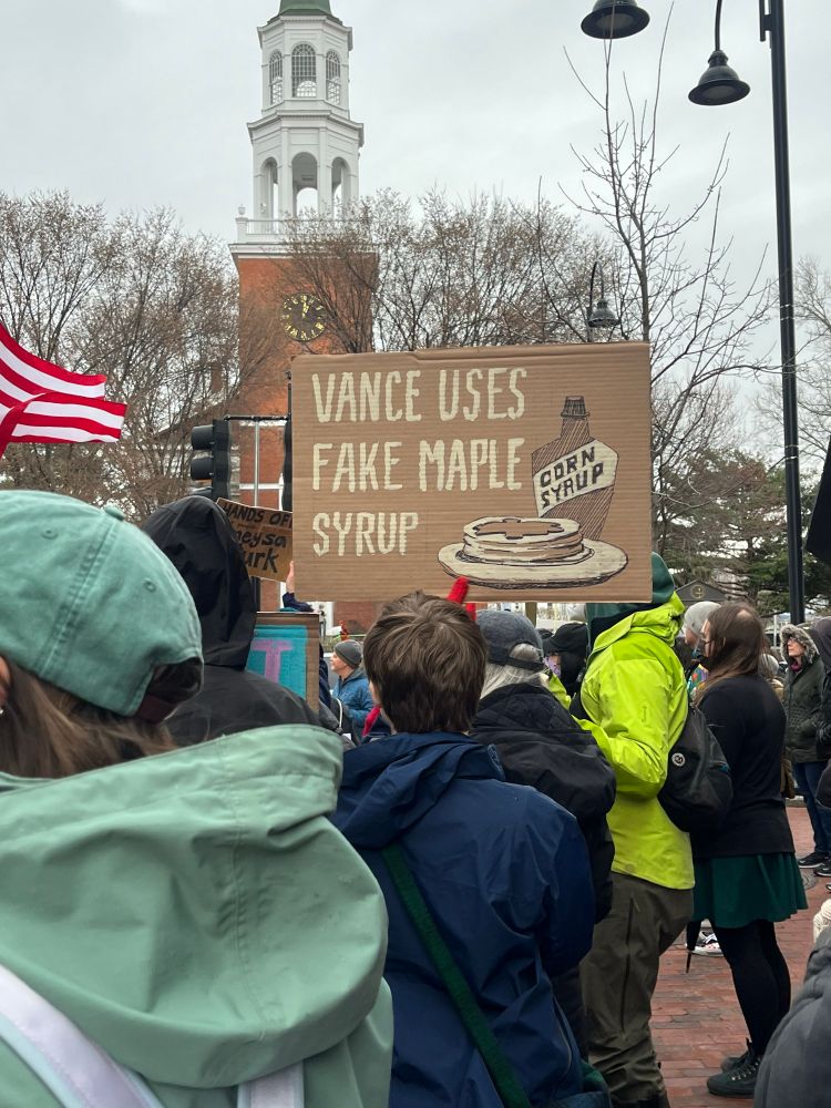 Sign saying Vance uses fake maple syrup