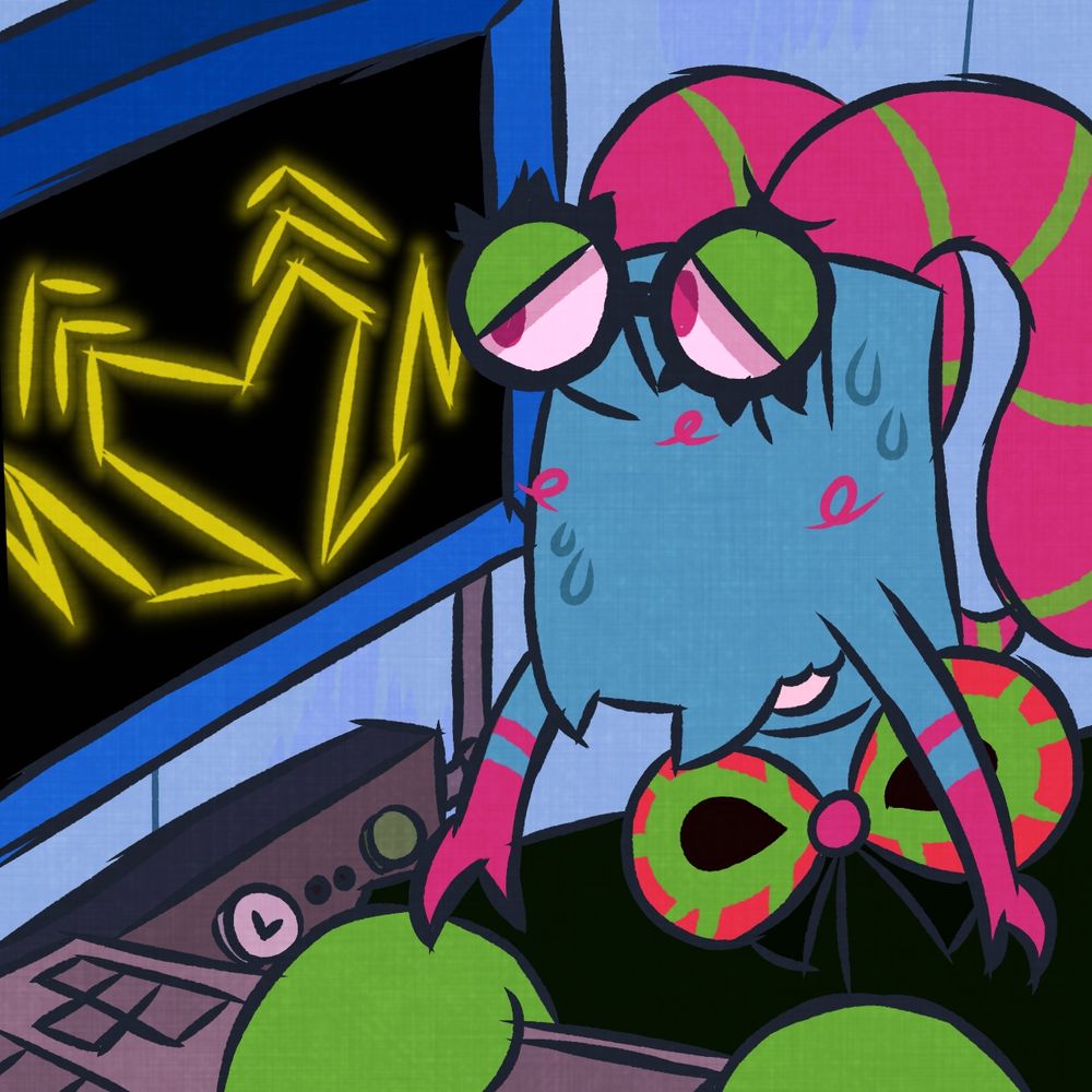 A blue anthropomorphic mantis shrimp with its claws on a keyboard, smiling and sweating nervously. Karen from SpongeBob SquarePants is on the wall next to him and is displaying a heart on her screen.