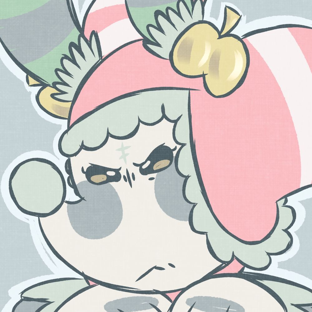 A headshot of a anthropomorphic pink, blue, and white clown-themed bug plushie wearing a jester's hat squinting at the camera in annoyance