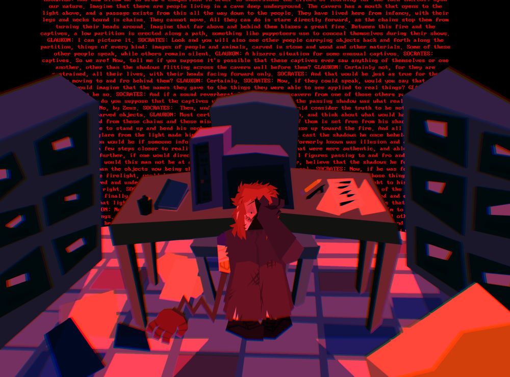 A lineless, geometric drawing of a man with messy, long hair sitting on the ground in front of a desk, knees tucked into his body, holding his face in one hand and looking horrified. A bright red translation of Plato's Allegory of the Cave is on the wall behind him, casting a harsh red light over the scene.