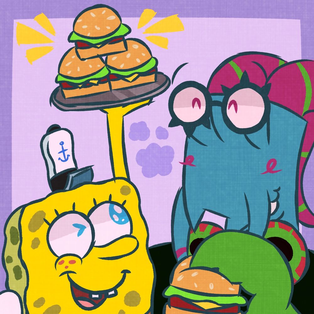 SpongeBob holding up a tray of Krabby Patties, smiling and winking. A blue anthropomorphic mantis shrimp happily eats a Krabby Patty next to him.
