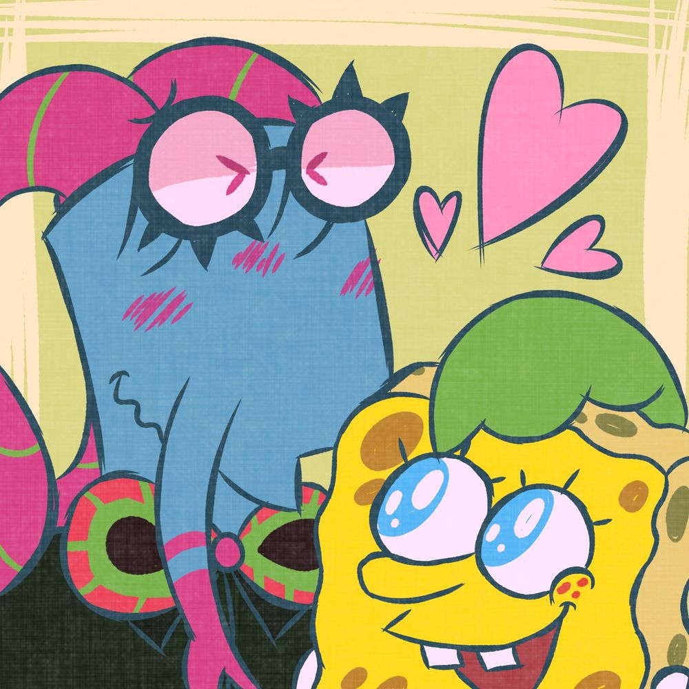 A headshot of SpongeBob SquarePants and a blue anthropomorphic mantis shrimp. Both are smiling. The shrimp has a claw on SpongeBob's head, and there are hearts next to the two.