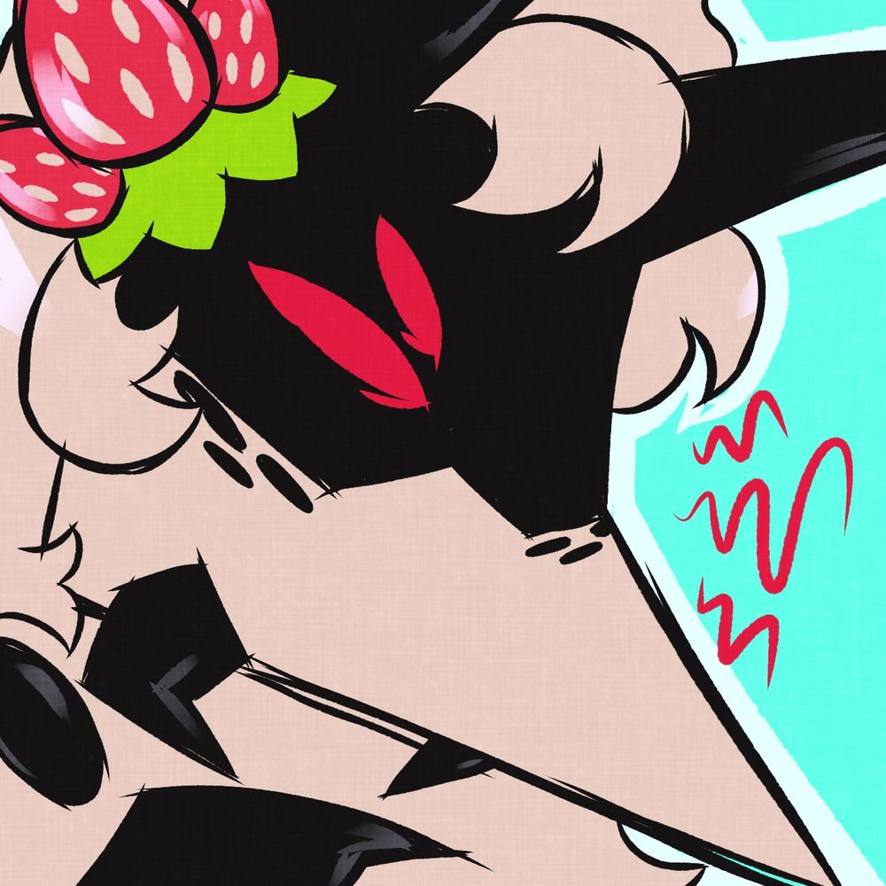 A sketchy headshot of a white anthropomorphic beetle with a mane and strawberries growing from its forehead squinting angrily