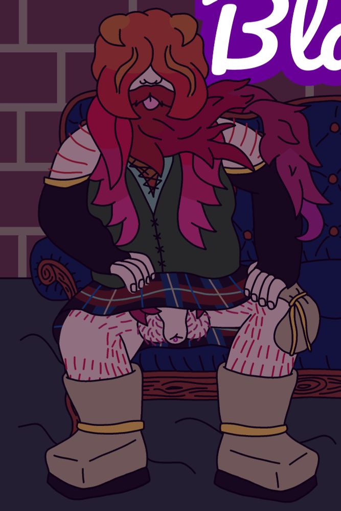 Alwyn, a large red headed man with a long hair and beard, lounges on a couch in a room lit only by a neon sign behind him. He wears a green medieval style tunic with black semi detached sleeves, similarly styled boots, and a kilt with nothing underneath, showing off his hefty cock and balls.