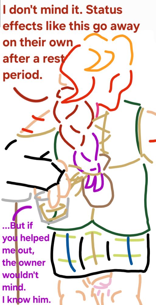 Alwyn standing at a bar, holding a glass of alcohol. He has an erection, which is long enough to be sticking out of the bottom of his kilt. He addresses the viewer about it, saying;
"I don't mind it. Status effects like this go away after a rest period."
"...But if you helped me out, the owner wouldn't mind. I know him."