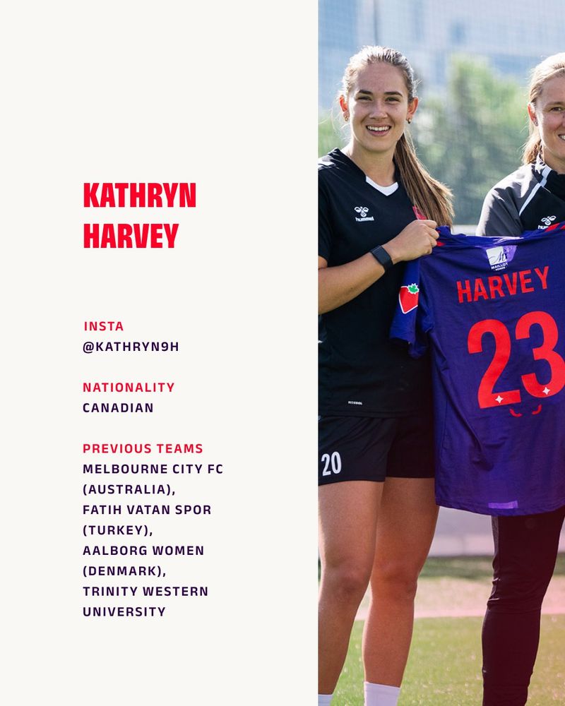 Kathryn Harvey player profile
Insta: @kathryn9h
Nationality: Canadian
Previous Teams: Melbourne City FC (Australia), Fatih Vatan Spor (Turkey), Aalbord Women (Denmark), Trinity Western University
