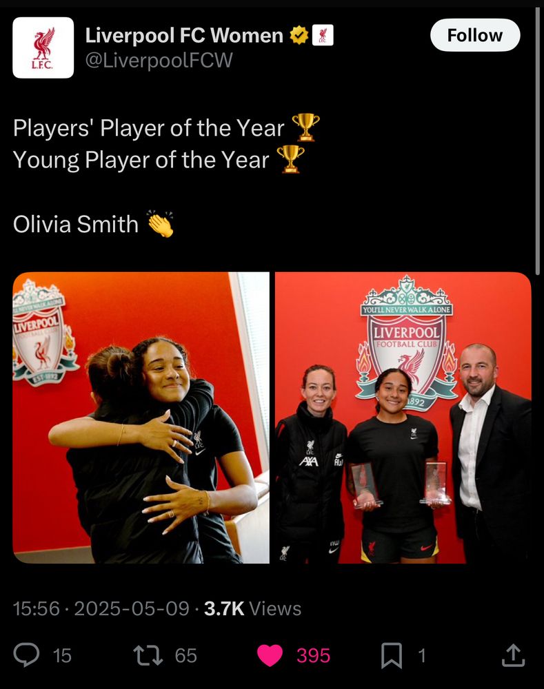 Screenshot of Tweet from Liverpool FC Women’s account. Text reads:
“Players’ Player of the Year (trophy emoji)
Young Player of the Year (trophy emoji)

Olivia Smith”
Below are two photos, one of Olivia hugging a staff member on the left, one with her holding her two trophies, facing the camera.