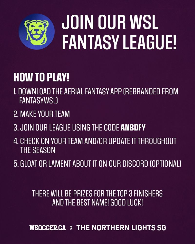 JOIN OUR FANTASY LEAGUE! HOW TO PLAY.  
1. DOWNLOAD THE AERIAL FANTASY APP (REBRANDED FROM FANTASYWSL).
2. MAKE YOUR TEAM
3. JOIN OUR LEAGUE USING THE CODE ANBDFY
4. CHECK ON YOUR TEAM AND/OR UPDATE IT THROUGHOUT THE SEASON
5. GLOAT OR LAMENT ABOUT IT ON OUR DISCORD (OPTIONAL)

THERE WILL BE PRIZES FOR THE TOP 3 FINISHERS AND THE BEST NAME! GOOD LUCK!

WSoccerCa x Northern Lights SG

