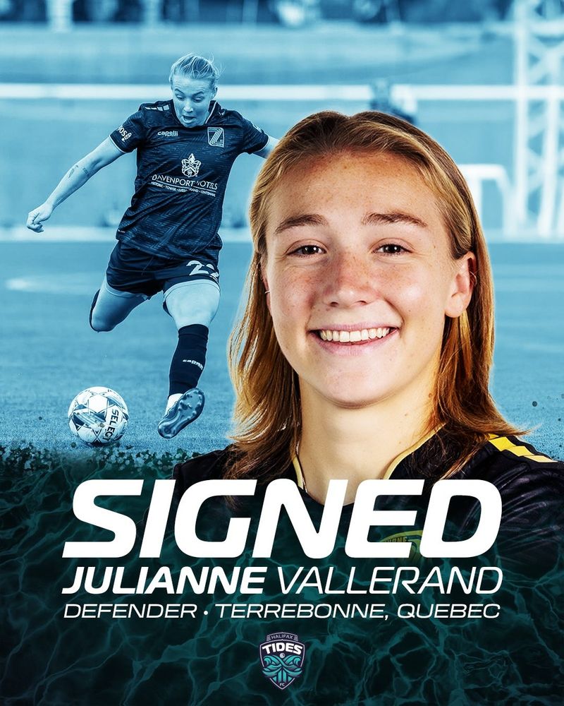 Image of player in mid-shot pose in the background, foreground has player's profile facing forward in full colour. Text reads "Signed Julianne Vallerand. Defender, Terrebonne, Quebec"