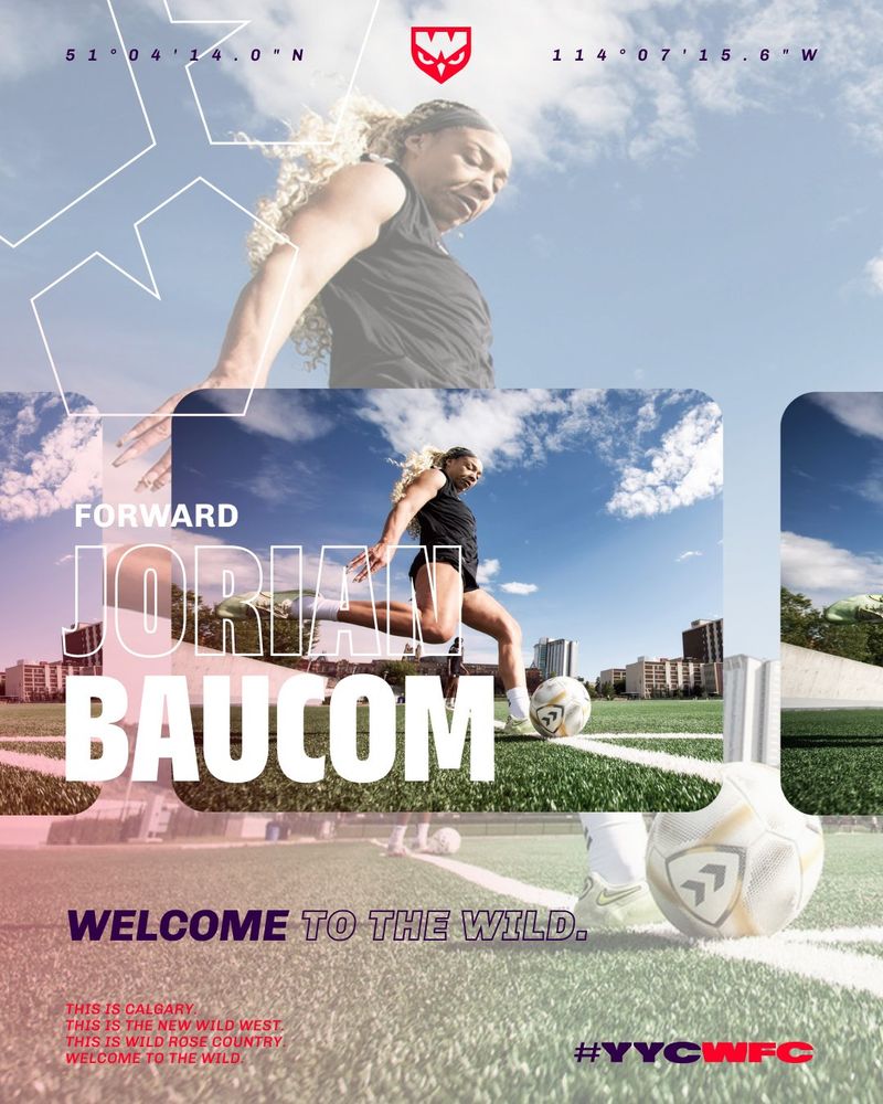 Background is a composite photo of player in mid-kick. Text in the middle foreground reads "Forward Jorian Baucom"