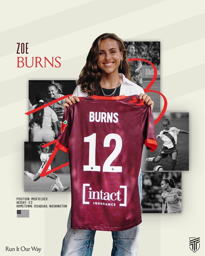 Text at the top right read "Zoe Burns" with player in the foreground, holding a red jersey with "BURNS 12" on it. Text on the bottom left reads "Position: Midfielder Height 5'2" Hometown: Issaquah, Washington"