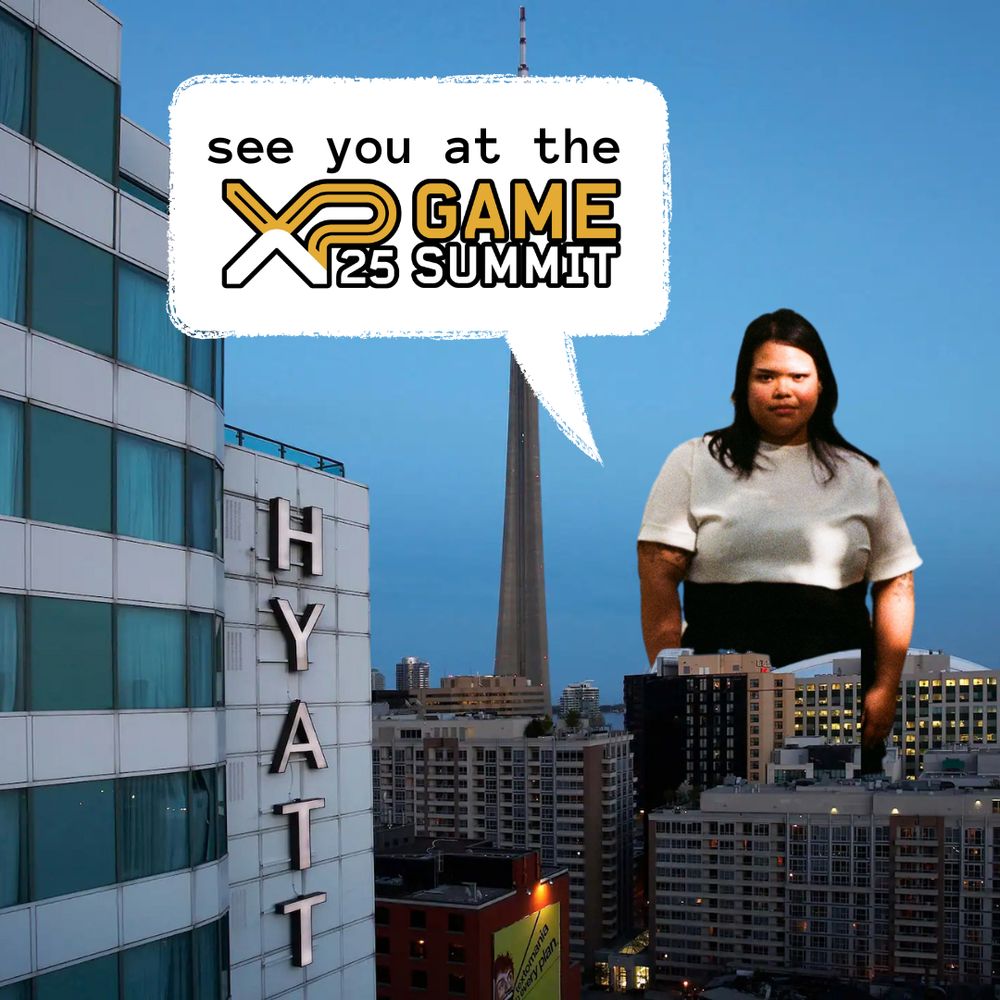 Julien Balbontin behind the Hyatt Regency Toronto with a speech bubble that says 'see you at the XP Game Summit'