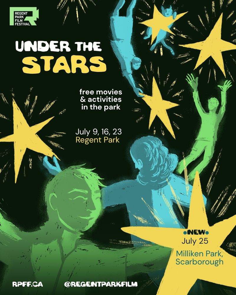 A digital illustration of different blue and green people flying in the sky with stars. There is one cat. This is Regent Park Film Festival's Under the Stars poster. Free movies & activities in the park. July 9, 16, 23 in Regent Park and July 25 Milliken Park, Scarborough.