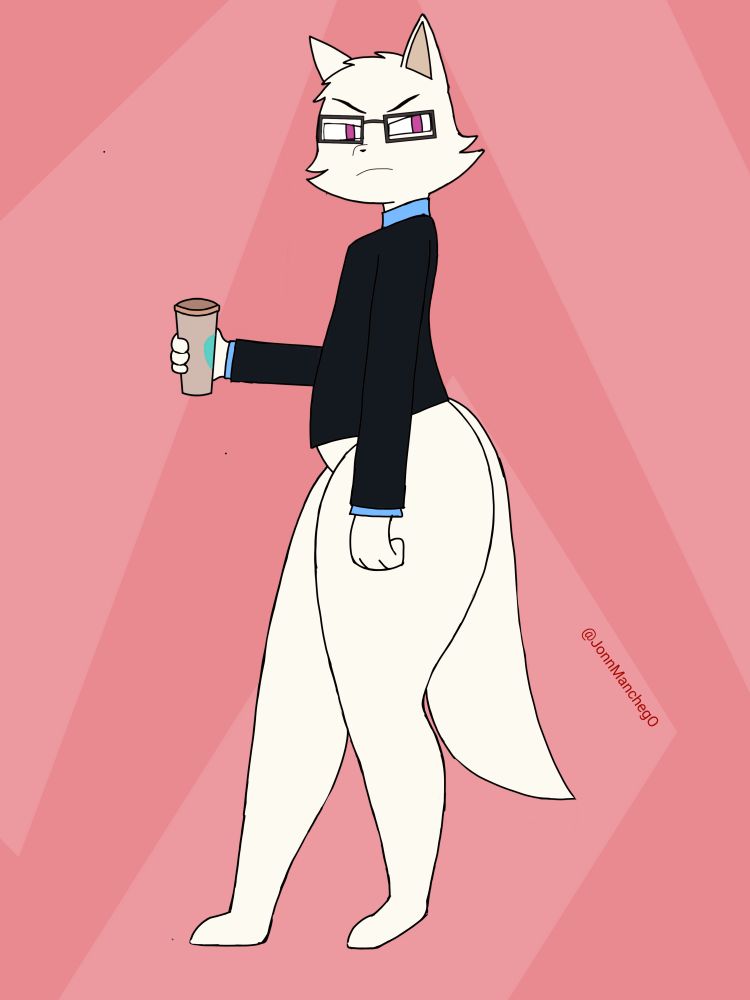 Edvard is a white anthropomorphoc arctic fox with maroon eyes and black eyebrows. He wears black suit with light blue shirts. He's holding a paper cup of coffee while looking angry.