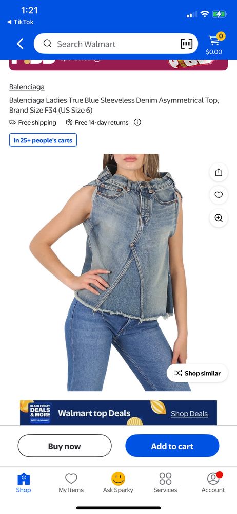 A Walmart listing for a Balenciaga denim top that essentially looks like a repurposed skirt with arm holes cut into it 