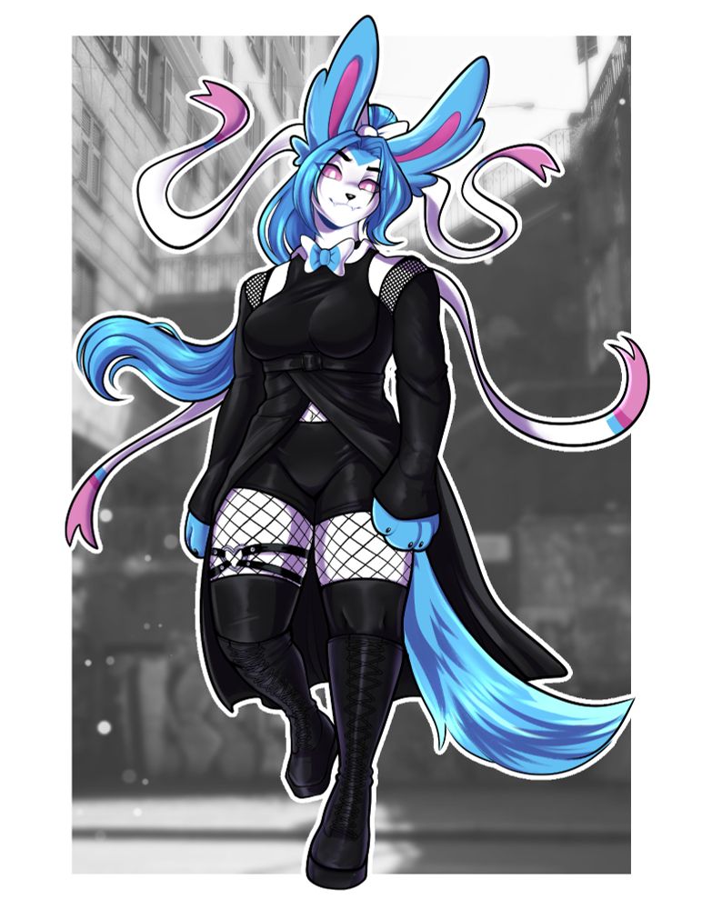 Art of my shiny sylveon sona, Alex. She is wearing a completely black outfit with a black jacket, thigh-high boots, and cut off sleeves. She is wearing fishnets on her revealed thighs and tummy. She is posing cool and smirking at the viewer.