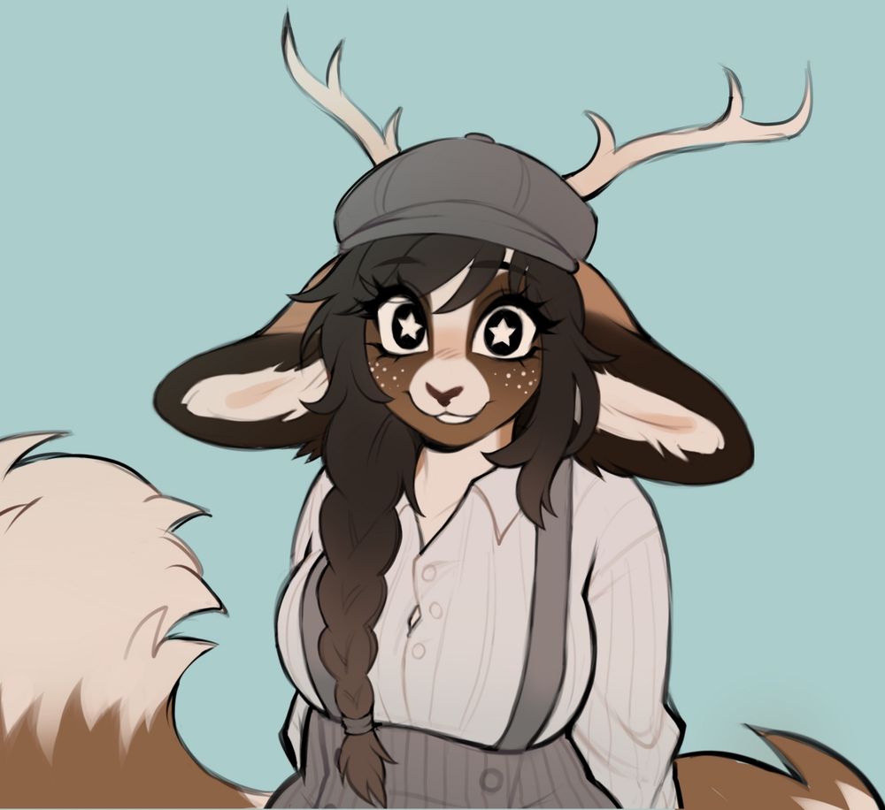 My fursona Quinn. A tanuki-deer. She's wearing high waisted suspenders and a button down shirt with a newsie cap! She looks happy!