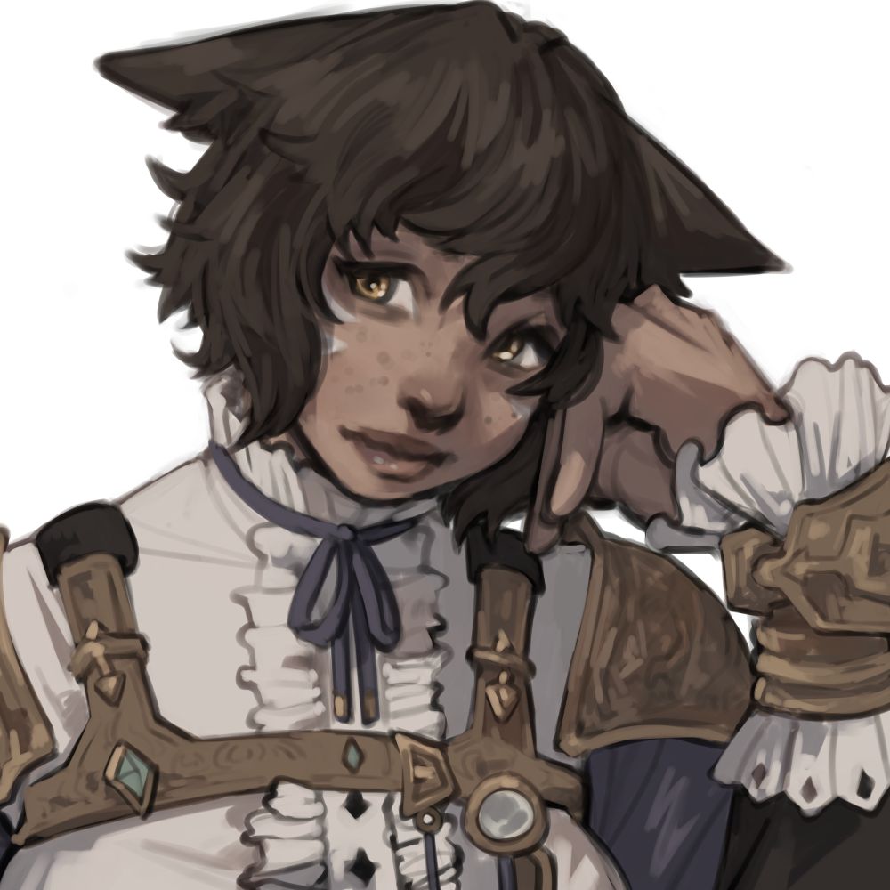 Art of my OC D'shuki Mhiwoh, [an FFXIV Miqote]. She is in a blue and white outfit [the yuweyawata fending set] with gold accessories. She has a fancy white shirt on with a ruffled neck and button strap. She is resting her head on her hand and looking to the side.