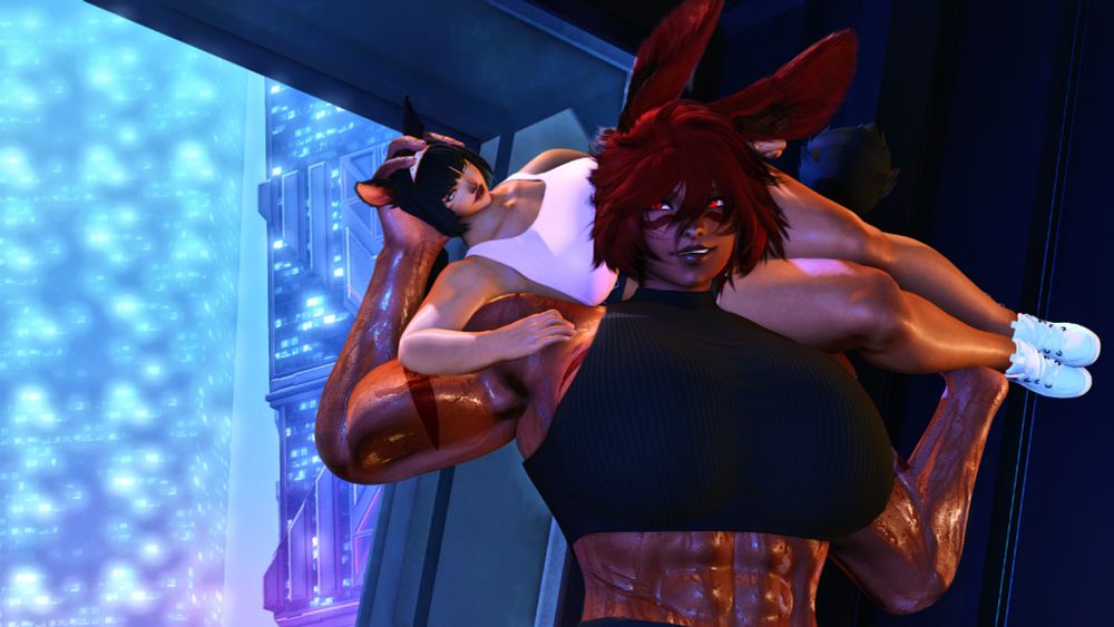 A 3d posed image of a catgirl being shoulder lifted by a huge rabbit woman. The rabbit has mid-length red hair, red eyes, and is wearing a black cropped sleeveless top. The catgirl has long black hair in a ponytail, yellow eyes and is wearing a pink top and bottom workout set with white sneakers. The background of the image is a cybertech looking city through a window.