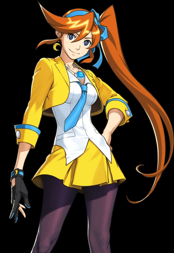 The long orange haired character Athena Cykes from Ace Attorney. She has a yellow jacket and skirt with a white button down top and blue tie.
