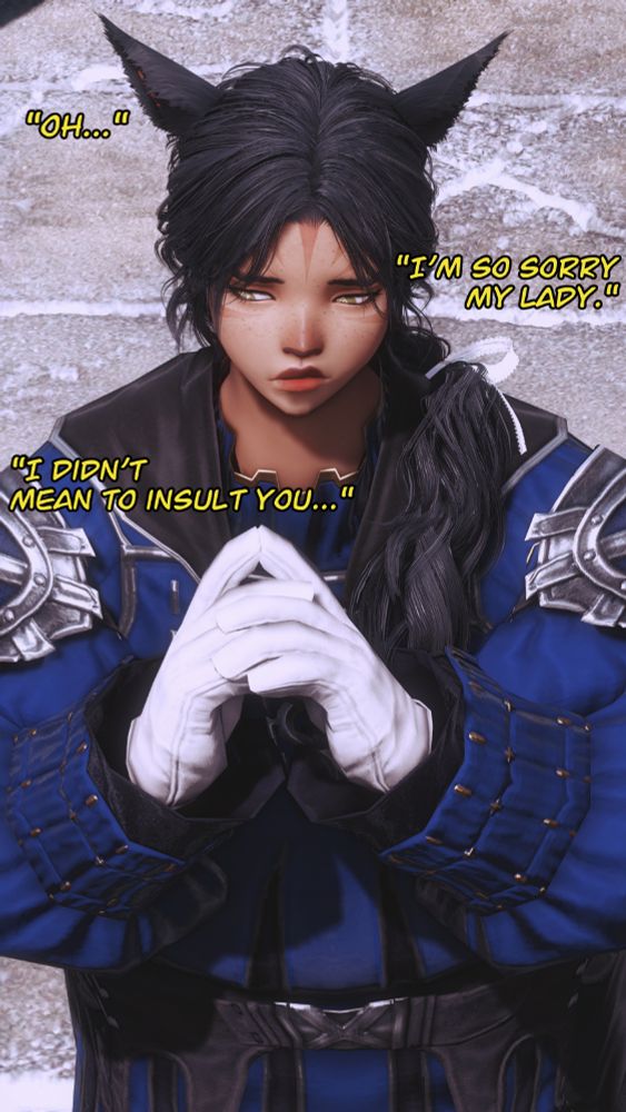 D'shuki isin full frame. She has a sad/disappointed expression and is fidgeting with her hands. She is saying, "Oh... I'm sorry my lady. I didn't mean to insult you."