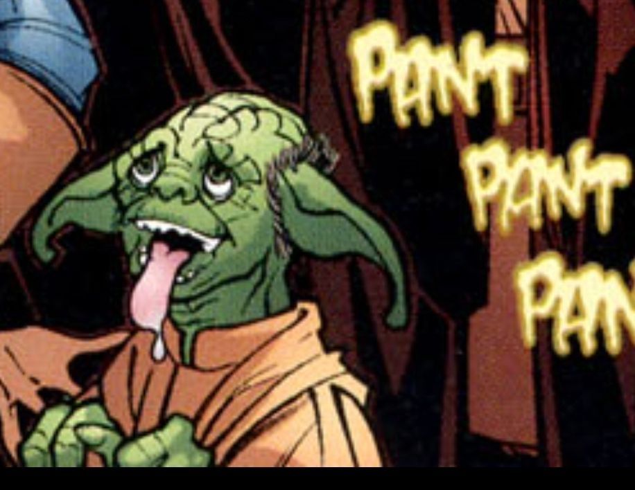 A cropped screencap of Yoda, the small green alien from star wars on his knees panting like a dog.