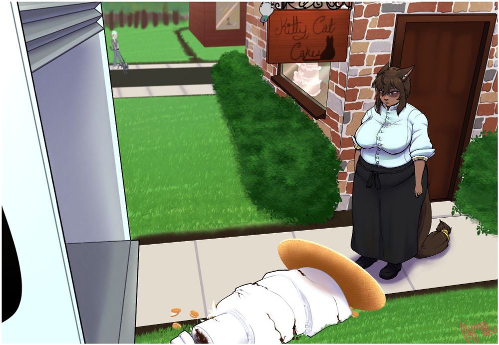 A commissioned artwork of the Miqo'te D'shuki in a chef's outfit looking down at a fallen cake on the sidewalk that she was carrying to a truck to be delivered. She looks tired and defeated. She was coming from a building with the sign "Kitty Cat Cakes" on it with a cat logo next to it. 