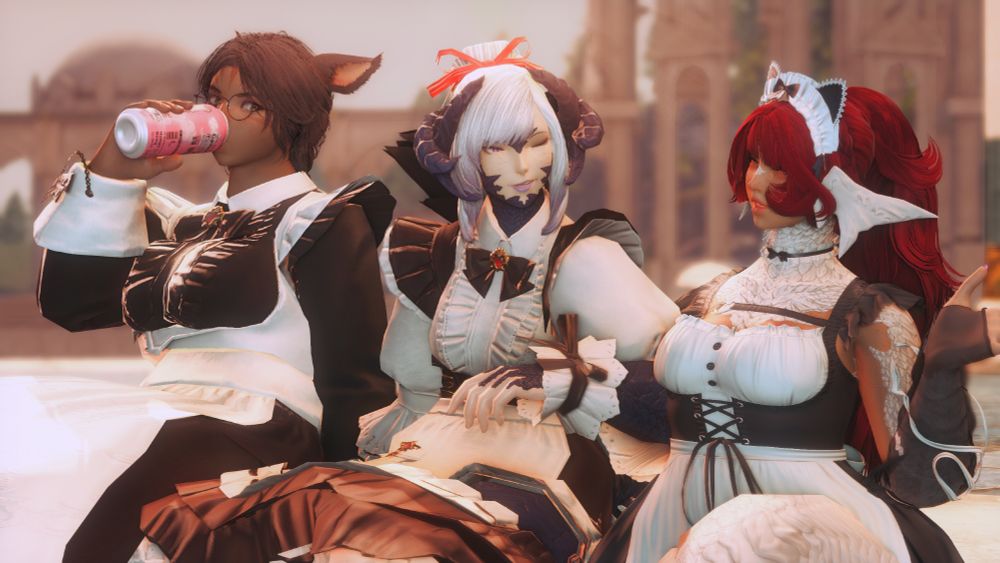 The same three in a similar place sitting on the edge of a docking area. They all seem to be relaxing after a day of skateboarding. The miqo'te is drinking a pink monster can and glancing at the other two Au'ra who seem to be teasing one another.