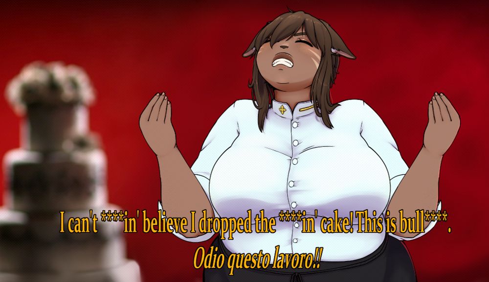 Another commissioned piece of the same Miqo'te as before in a reality show style cutaway interview looking frustrated and holding up her hands saying "I can't fuckin' believe I dropped the fuckin' cake! This is bullshit! I hate my job!!" She is in front of a red walled background with a stacked cake to the back left.