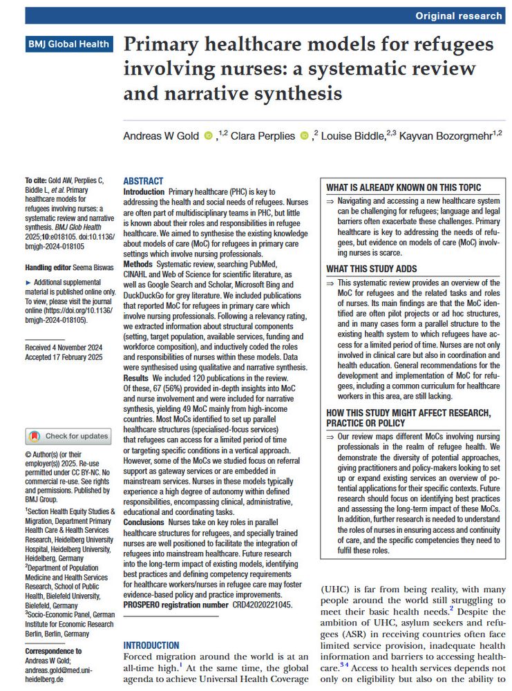 Screenshot title page of a publication in BMJ Global Health: Primary healthcare models for refugees involving nurses: a systematic review and narrative synthesis.

The article can be found here: bit.ly/4bWAG7J (OpenAccess)