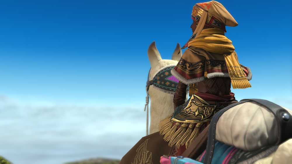 a young woman dressed in yellow, riding an alpaca, looks out towards the sky. they are so high on a mountain the clouds are below them.