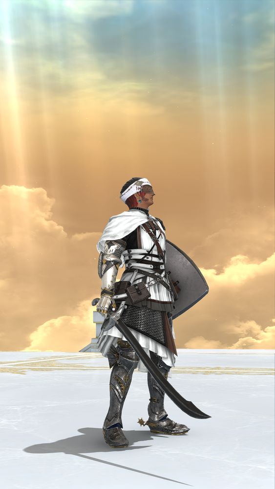 a man in white and silver armor stands on a high platform. he carries a sword and shield, and his face is covered. the sky behind him is full of golden clouds and streams of light. 