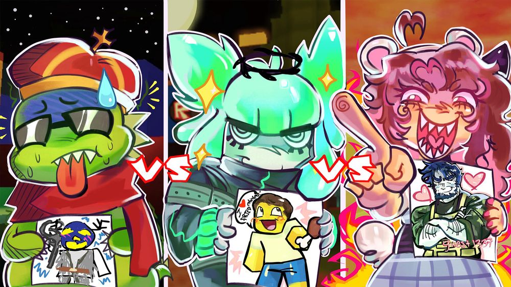 A thumbnail depicting my friends: Hiraga (A iguana with shades on the left), Me (A slime girl alien on the middle) and Dani (A girl wearing polar bear ears at the far right) showing off our drawings.