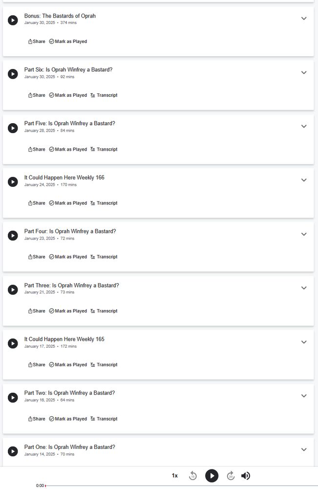 "Behind the Bastards" podcast episodes about Oprah Winfrey, and their air dates.