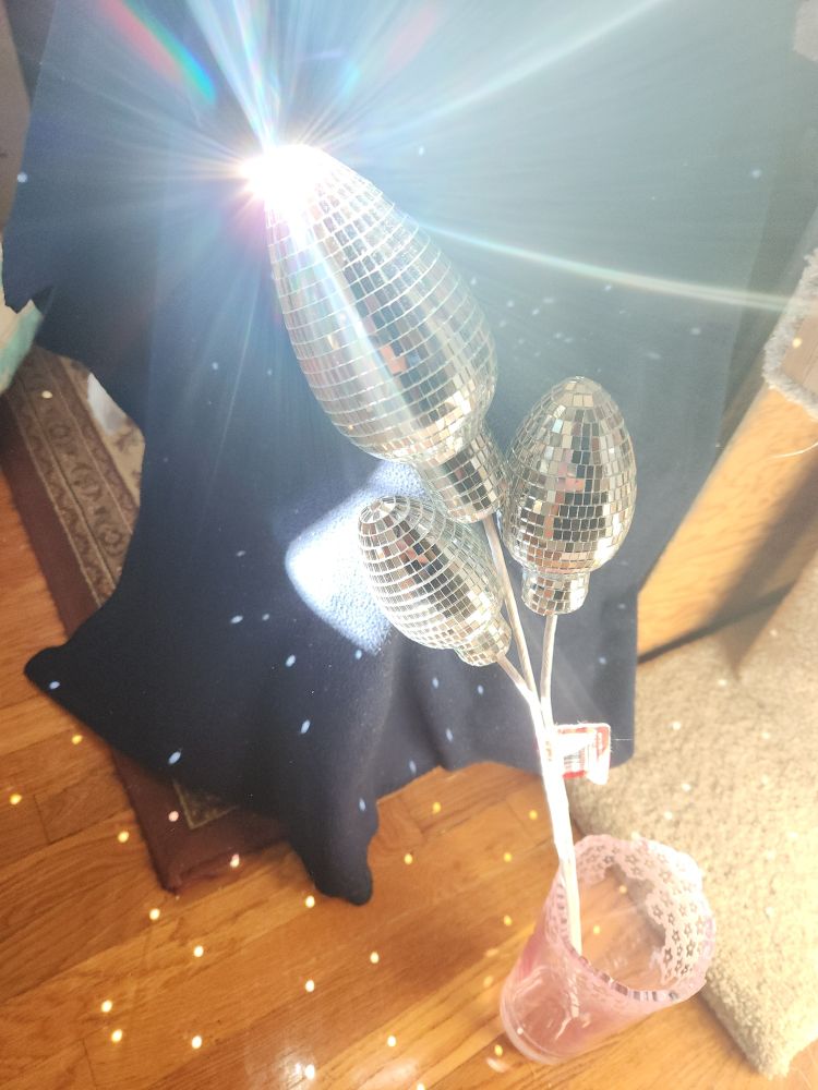 "Christmas light"-shaped disco balls on sticks in a vase, giant sunflare on the tip of one. They look like butt-plugs. Magnificent butt-plugs.