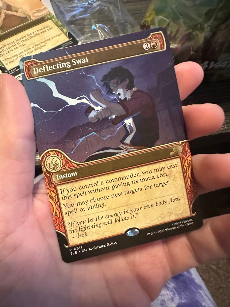 Avatar the Last Airbender Deflecting Swat card from Magic: The Gathering which depicts Zuko redirecting lightning. It’s an expensive card that is very good.