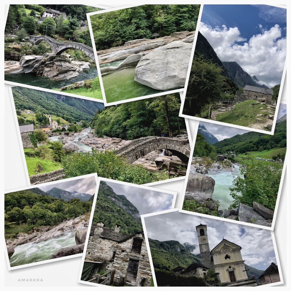 Fotocollage der Brücke, alter Steinhäuser, einer Kirche und dem Fluss mit riesigen Steinen