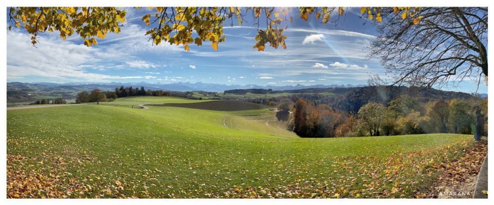 Ein Pano von oben mit Blick auf die Berner Alpen