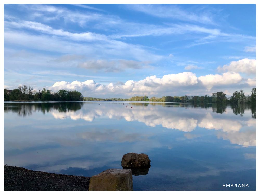 Ein See, in dem sich Himmel, Wolken, Bäume und im Vordergrund ein Stein spiegeln.