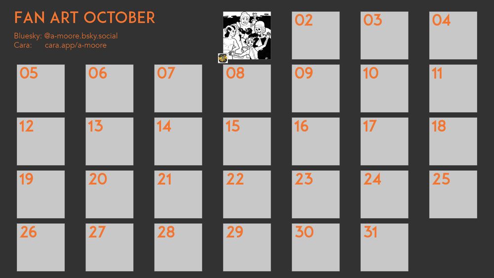 A calendar of the month of October with October 1st filled in with fan art from Rude Tales of Magic and the remaining days blank.
