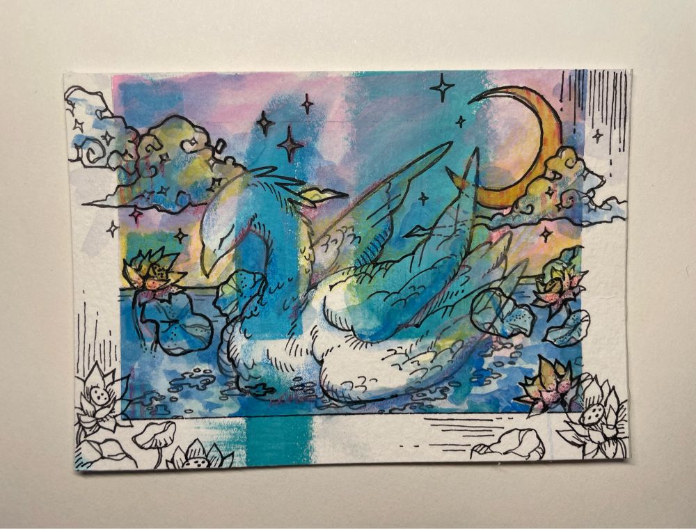 watercolor painting of a 4 winged waterfowl gliding through the water. there are lotuses around them and a crescent moon in the sky. the palette consists mainly of blues, light pink, and yellow.