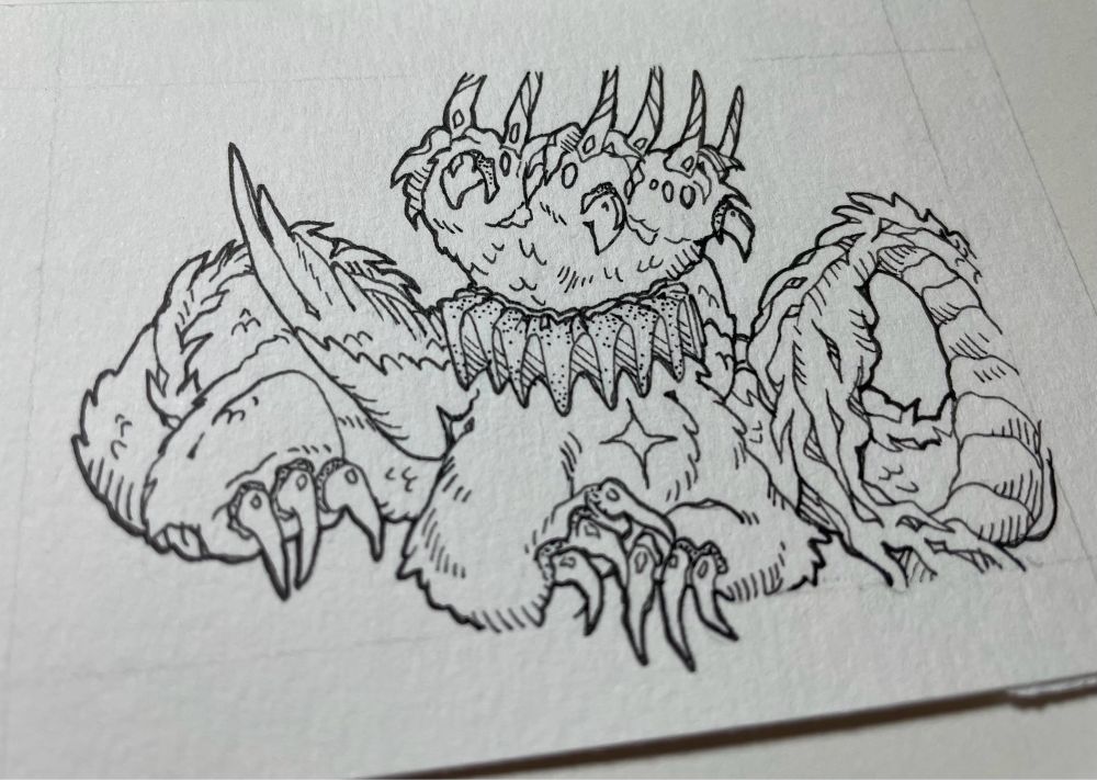 ink drawing of a 3 headed griffin dragon creature. they have horns, long talons, and wear a clown neck frill.