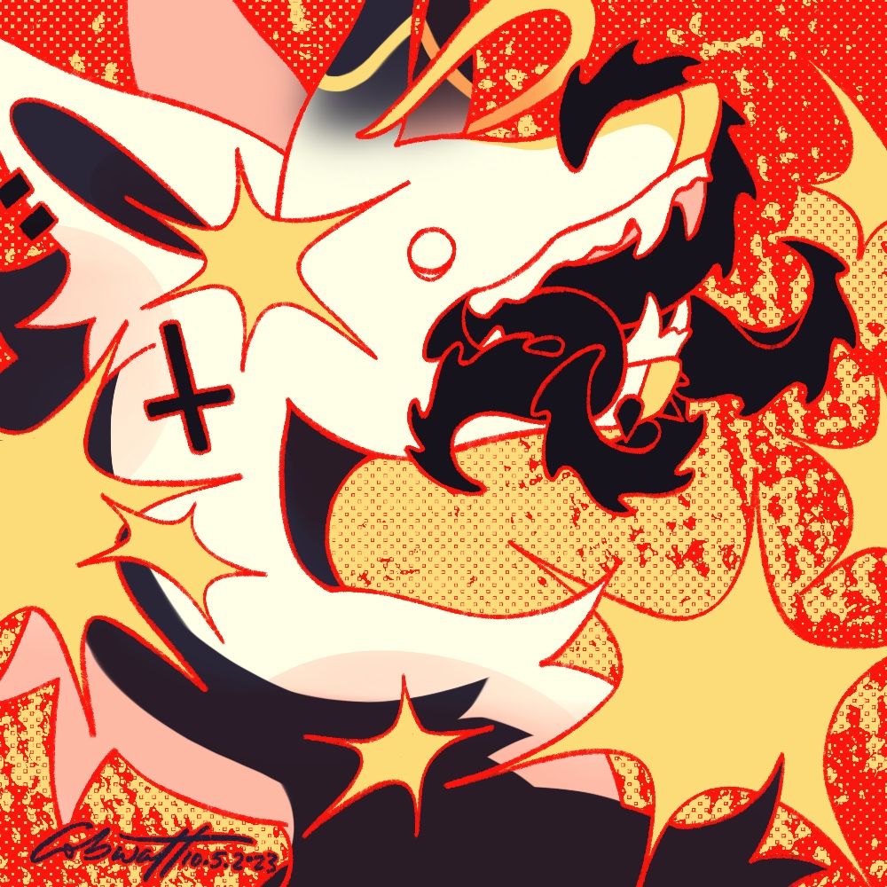 digital icon drawing of a character with white and black fur and round, blank eyes. their long neck is twisted at an angle to show a side view of their open jaws, from which multiple black serrated tongues emerge. there are yellow explosion graphics around the piece, and the line art and background are bright red.