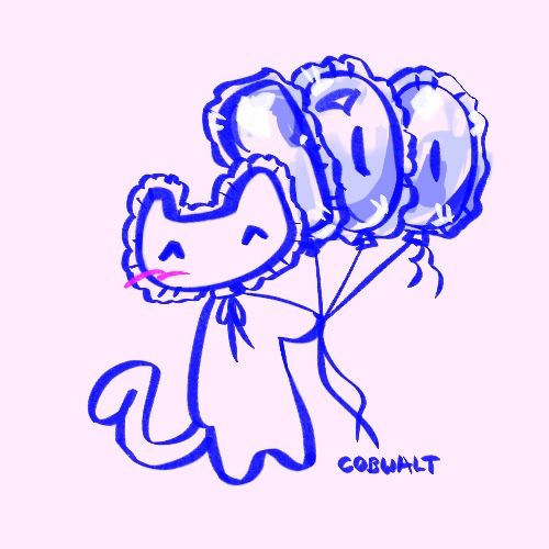 blue digital doodle of a creature holding number balloons that spell out 100.