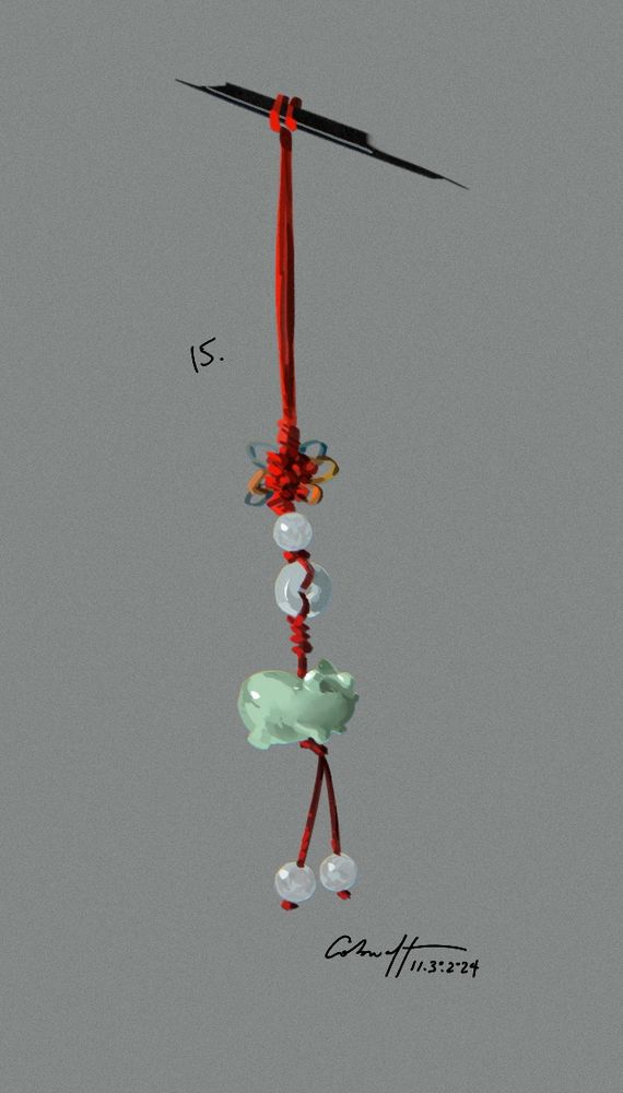 digital painting study of a phone charm with red string and a carved jade pig on it.