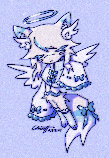 digital chibi drawing of my oc, Saint, a white anthro angel cat with wings on their head and back, light blue halo and accents in their fur, and closed eyes. they wear knee high socks, a mini poncho, and underneath, a shirt with oversized sleeves. the thin line art, light blue background, soft shading, and noise overlay give the piece a calm, nostalgic feel.