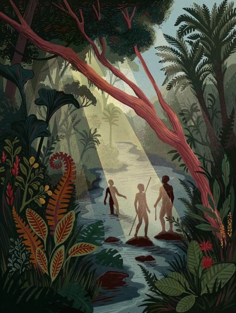 Reconstitution d'un environnement avec des Homo sapiens en forêt tropicale il y a environ 150 000 ans © J. Lisowiec