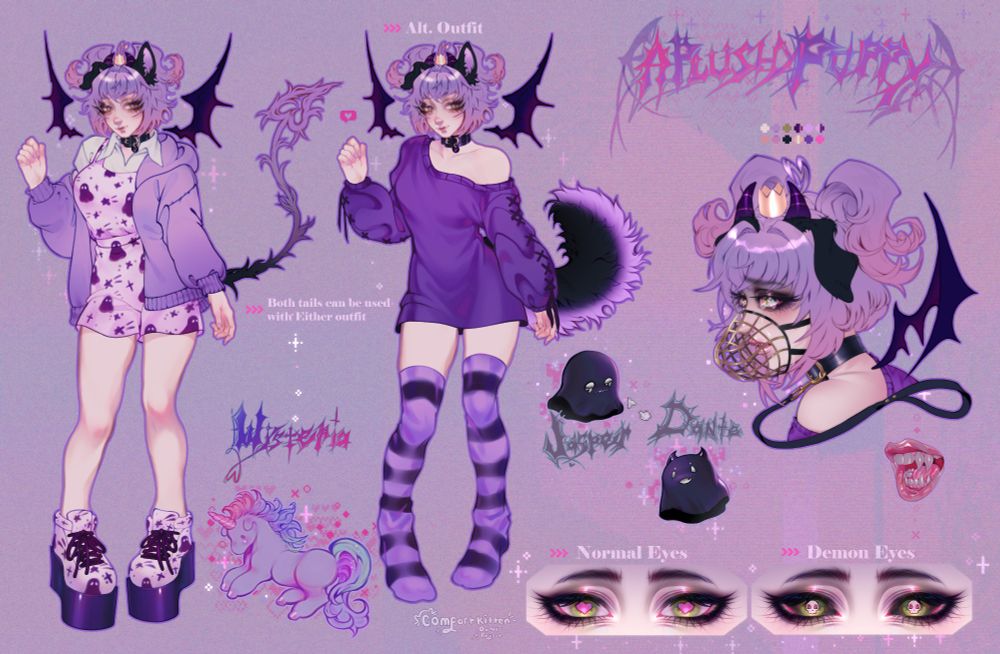 Official Character Reference Sheet for @APlushyPuppy's OC/Self-Insert Online Persona drawn by @ComfortKitten.