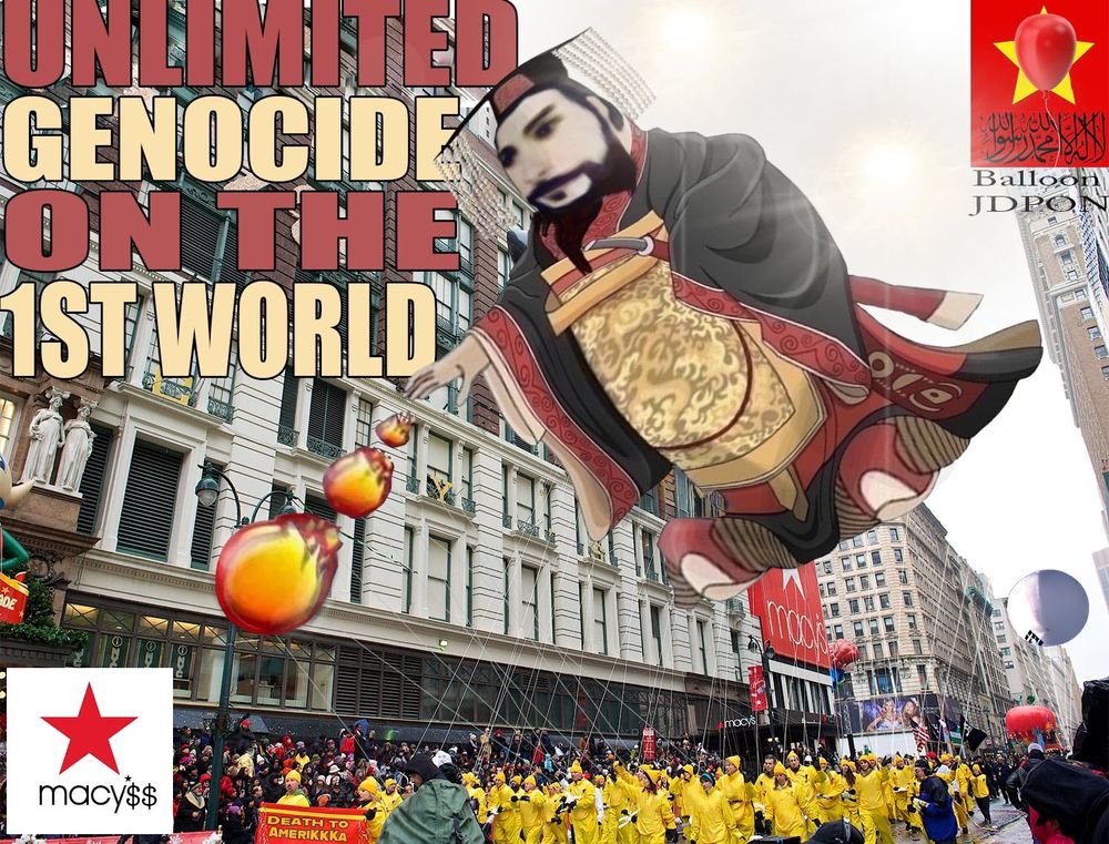 Slammer meme of the Macy's Thanksgiving Parade in 2023, featuring Unlimited Genocide on the Firsf World and Balloon JDPON
