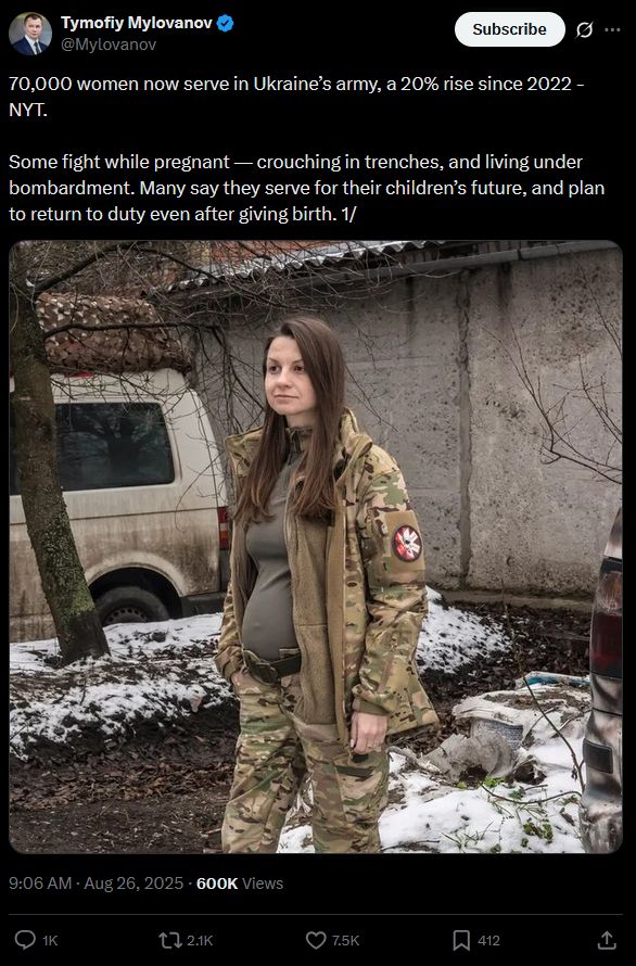 70,000 women now serve in Ukraine’s army, a 20% rise since 2022 - NYT. Some fight while pregnant — crouching in trenches, and living under bombardment. Many say they serve for their children’s future, and plan to return to duty even after giving birth. 1/